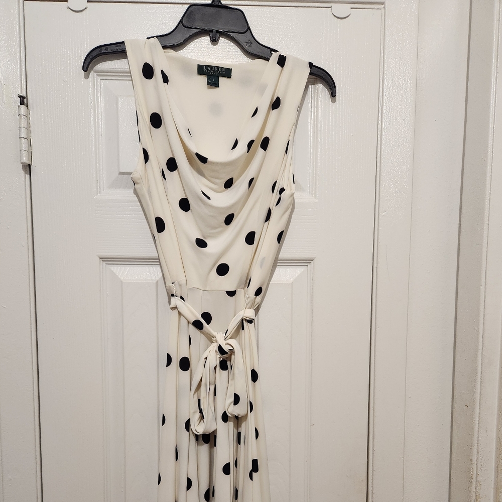 EUC - Lauren Ralph Lauren - White & Black Polka Dot Dress with Tie